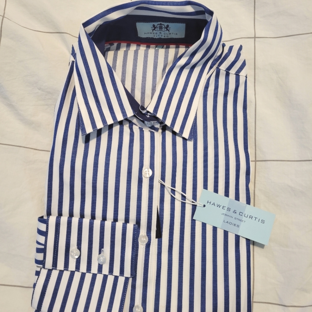 Hawes & Curtis Fitted Blue and White Striped Shirt NWT Size UK14
